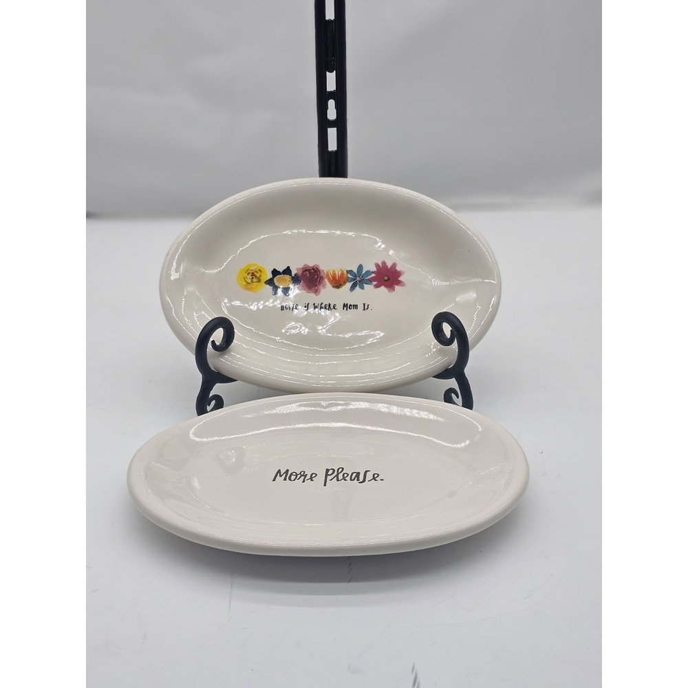 Rae Dunn  2 PIECES  Artisan Magenta HOME IS WHERE MOM  AND MORE PLEASE PLATE